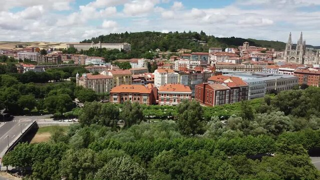 Aerial view of Burgos, Spanish historical city, with the gothic cathedral in the back in a sunny bright beautiful day