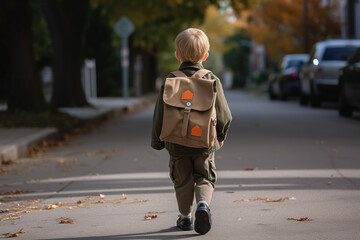 Fototapeta premium Child with school bag on the way to school. Generative AI