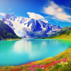 Colorful summer panorama of the Lac Blanc lake with Mont Blanc (Monte Bianco) on background