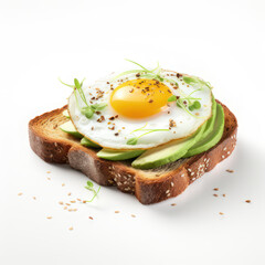 Toast with avocado and egg on a white background. AI generative.