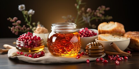 Apple and honey, kosher traditional food of jewish New Year Rosh Hashana. Generative AI