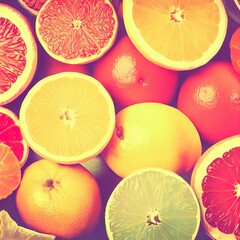 Fresh citrus fruits. Orange, lemon, grapefruit. Vintage 60s style food background.