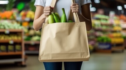 Consumption, eating and eco concept - woman with white reusable canvas bag for buying food through supermarket on background