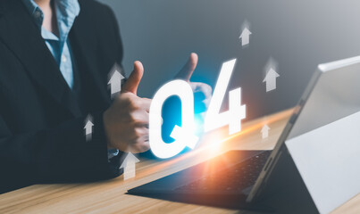 Business Profit growth, Financial report, Fourth quarter Concept. Business man thumb up Profit 4th...