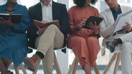 Tablet, notebook and human resources with job opportunity candidates waiting in line for an interview. Hiring, resume and documents with business people sitting in an office for company recruitment