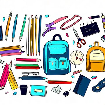 Set of school supplies. Vector flat illustration in hand drawn style. Back to school
