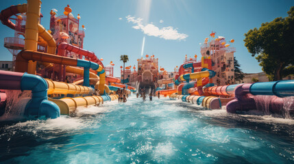 Water Park Adventure. Wide-angle photo of a kid swimming in a vibrant water park-themed setting....