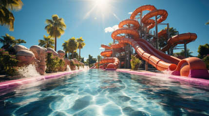 Water Park Adventure. Wide-angle photo of a kid swimming in a vibrant water park-themed setting. Fun-filled aquatic excitement concept.  - obrazy, fototapety, plakaty