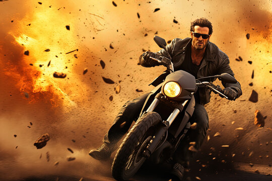 Action shot with man riding away from explosion on bike. Dynamic scene with fire in action movie blockbuster style. Generated AI.