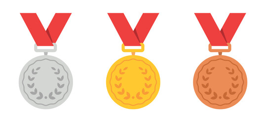 Gold, silver, bronze medal set. Winning award symbols. 1st, 2nd and 3rd places. Trophy with red ribbon. Flat style - stock vector.