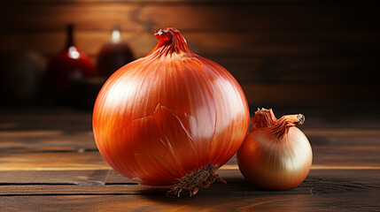 photo of unpeeled onion on wooden platform, generative ai