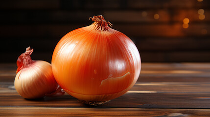 photo of unpeeled onion on top of wooden table, generative ai
