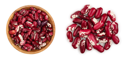 variegated kidney bean in wooden bowl isolated on white background. Top view. Flat lay