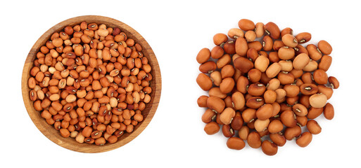 Dry raw organic chickpeas in wooden bowl isolated on white background. Top view