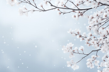 Winter Minimalism: Snow-Covered Branches on a White Background, an Ideal Composition with Copy Space for Text, Capturing the Calm of the Season.
