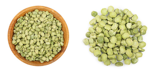 Green split peas in a wooden bowl isolated on white background. Top view