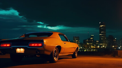 Fototapeta na wymiar Vintage muscle car parked on the street at night. 80s styled synthwave retro scene with powerful drive in evening. Generated AI.