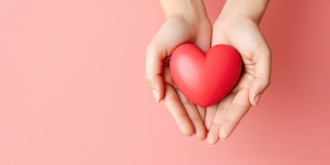 Young women hands holding red heart on pink background, health care, donate and family insurance concept, world heart day, world health day, CSR responsibility, adoption foster family, generative ai