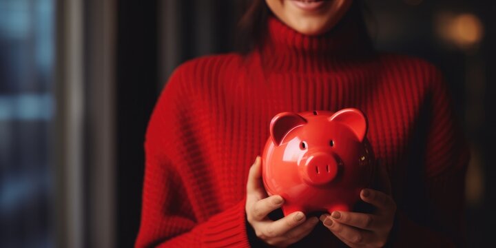 Woman hand holding piggy bank. Save money and financial investment, generative ai