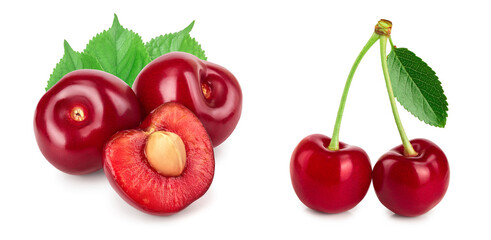 cherry and half with leaves closeup isolated on white background,