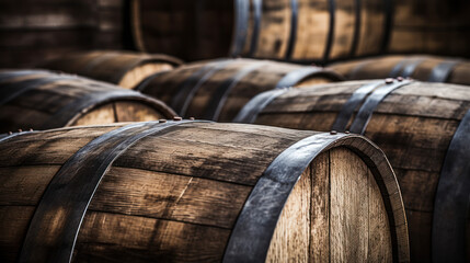 closeup of old oak wooden barrels on cellar - 624479209
