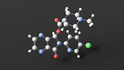 zopiclone molecule, molecular structure, cyclopyrrolone, ball and stick 3d model, structural chemical formula with colored atoms