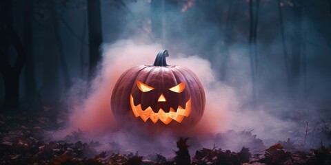 Halloween concept - pumpkin with a scary luminous face in smoke and neon light background, dark, Copy space, generative ai - obrazy, fototapety, plakaty