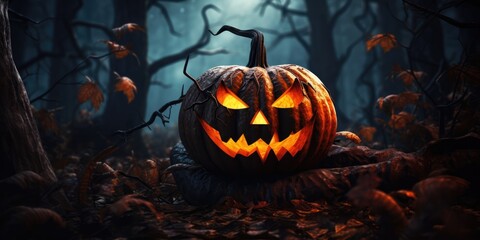 Halloween background. Spooky pumpkin with moon and dark forest. Halloween design with copyspace, generative ai