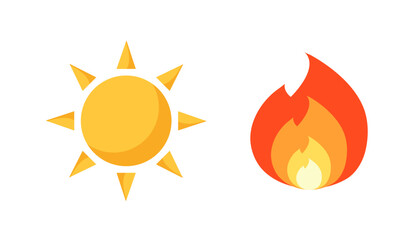 Vector icons of sun and burning fire. The concept of hot weather or high temperature. Isolated on white background.
