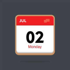 Fototapeta na wymiar monday 02 july icon with black background, calender icon 