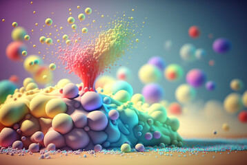 Abstract sweet foam clouds with splashing forms and drops. Colorful foam cloud ro sweet cotton background. Generated AI.
