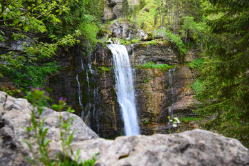 Fototapeta na wymiar Lush green foliage and waterfall with crystal clear water in forest of Cirque du Sainte-Meme, La grande Chartreuse, Savoie, France