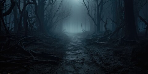 Fototapeta premium Path through a dark forest autumn fog at night, generative ai