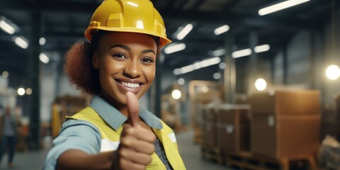 Happy Young female african american engineer wearing safety workwear standing in the factory and thumbs up to appreciate the success of the teamwork.safety first in the industrial plant, generative ai