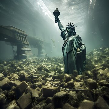 A haunting scene of New York City submerged underwater after devastating flooding caused by global warming.