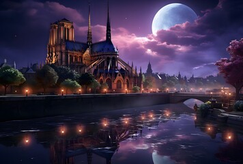 This abstract representation captures the timeless beauty and architectural grandeur of.Notre-Dame Cathedral in Paris, with its iconic Gothic features at night.