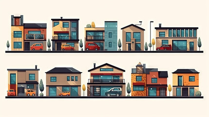 Set of cute residental houses in the neighborhood. Suburb architecture or village cottages. Generated AI.