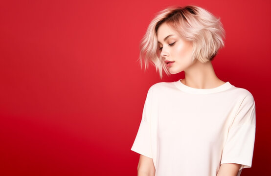 Caucasian woman haircut, short blond hairstyle fashion portrait banner on red background