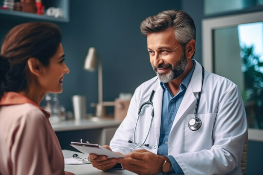 An Indian male doctor is consulting a patient filling out a consultation form. A professional doctor wearing a white coat talking to an adult woman. doctor when making an appointment at the clinic
