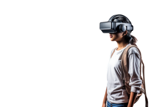 young person wearing an augemented virtual reality headset, generative ai