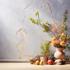Creative wall background, product backdrop with plants, branches and textured stones, commercial template with copy space