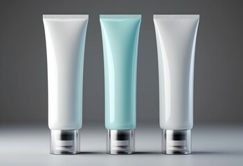 collection of three tube for cream or lotion isolated on gray background