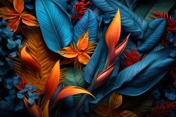 luxury background with lush exotic flowers and leaves, ai tools generated image