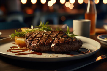 Steak in a plate on a table in a cafe. AI generative.