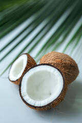 Fototapeta na wymiar Half piece of fresh coconut and palm leaf on the background