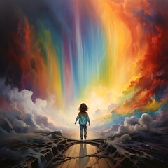Obraz premium Chasing a rainbow, image representing the idiom expression referring to the pursuit of something that is elusive or unattainable.