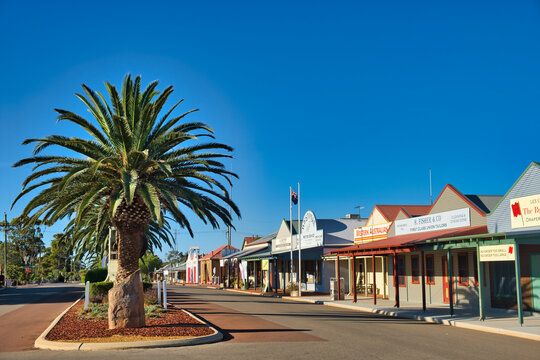 Street scene (Wolfram Street) with shop fronts and palm trees in the outback mining town of Westonia, Western Australia
