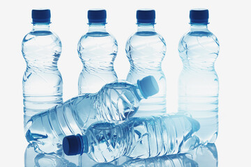 Blue bottles of pure still water against white background