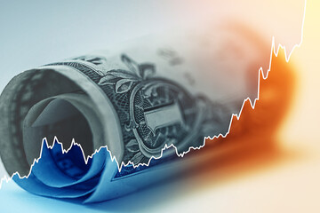 USD bill with raising sparkline chart. Concept of Economic growth raise of inflation or federal debt