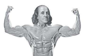 Muscular Benjamin Franklin showing double biceps isolated on white background. Strong dollar symbol...